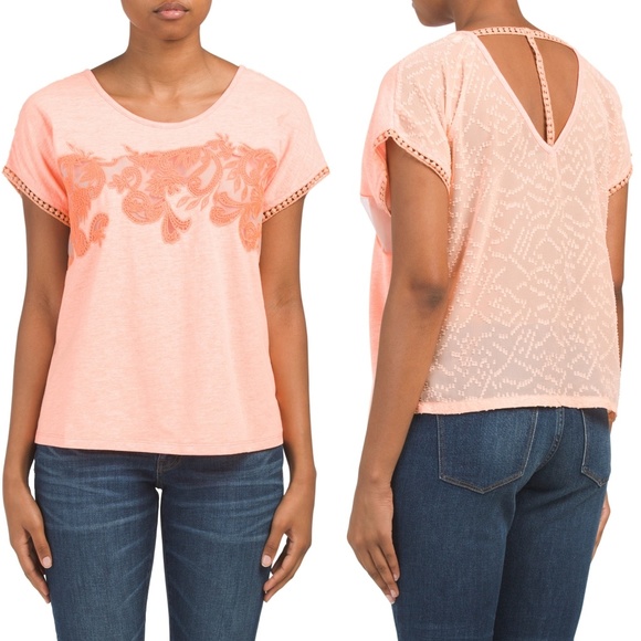 Miss Me Tops - Miss Me Bright Orange Sheer Embroidered Top NWOT S